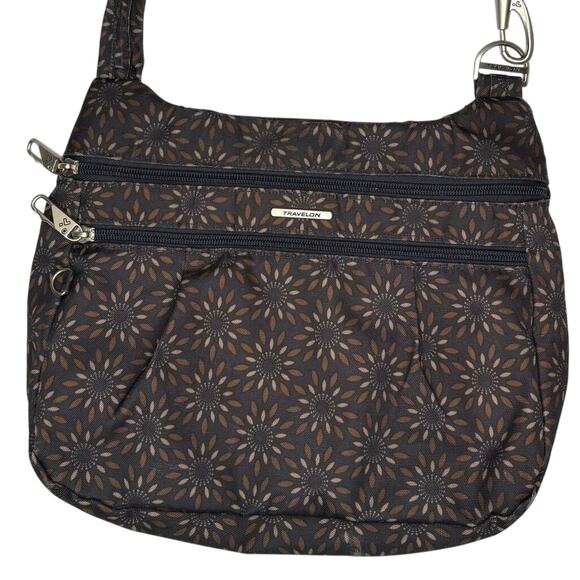 Travelon Anti Theft Crossbody Purse Shoulder Bag Brown Floral Sunburst Travel - Picture 2 of 10